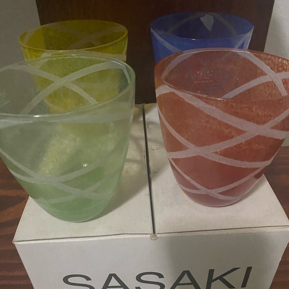 Sasaki Art Nouveau Colorful Rare Tumbler Glass White Swirl Set Of 4 New In Box - Picture 1 of 12